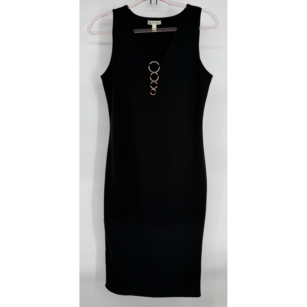 Derek Heart‎ Womens Black Sleeveless V-Neck Ring Detail Sheath Dress Sz L
